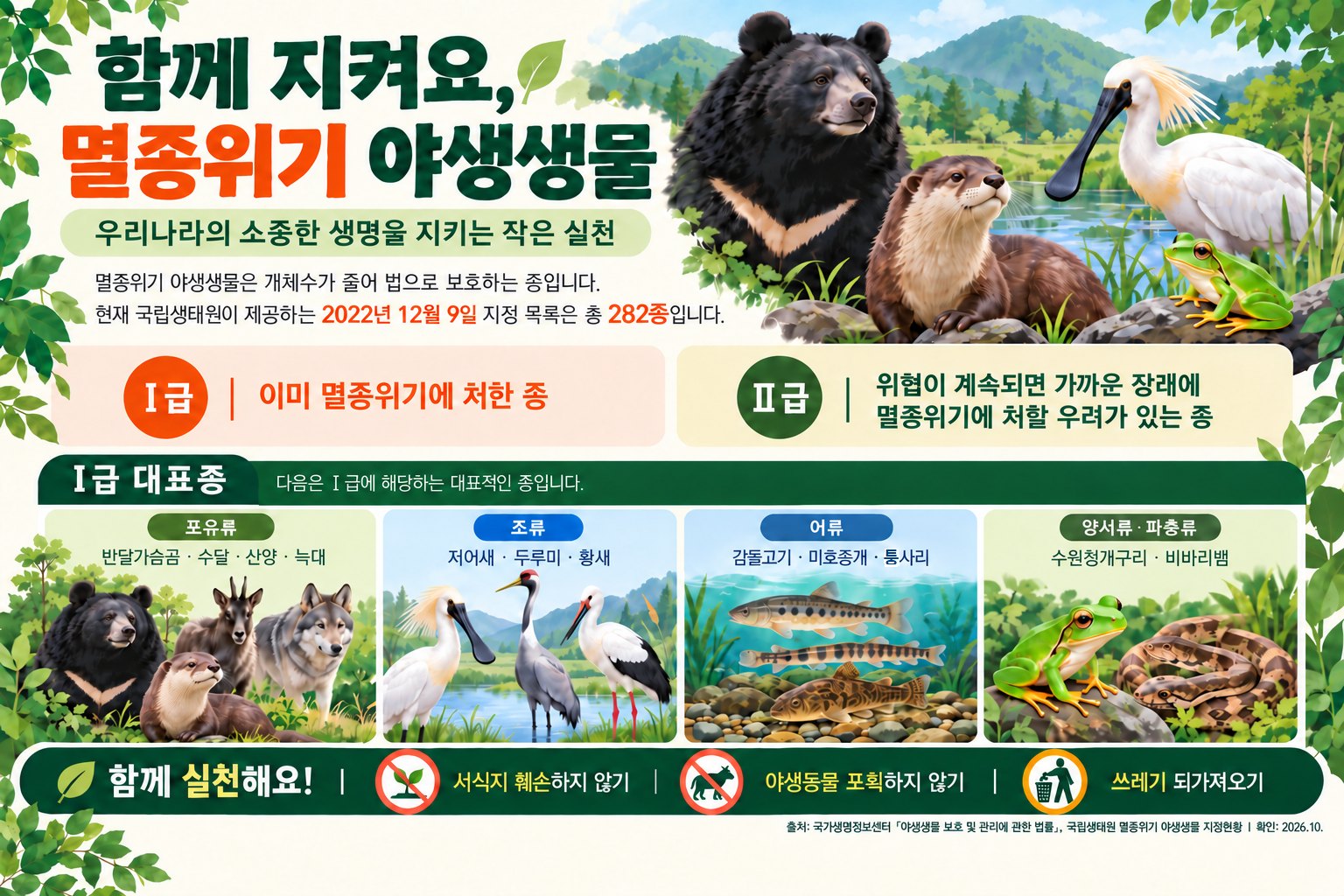함께 지켜요, 멸종위기 야생생물. 멸종위기 야생생물은 개체수가 줄어 법으로 보호하는 종으로, 2022년 12월 9일 지정 목록은 282종입니다. Ⅰ급은 이미 멸종위기에 처한 종, Ⅱ급은 가까운 장래에 멸종위기에 처할 우려가 있는 종입니다. Ⅰ급 대표종: 반달가슴곰, 수달, 산양, 늑대, 저어새, 두루미, 황새, 감돌고기, 미호종개, 퉁사리, 수원청개구리, 비바리뱀. 함께 실천해요: 서식지 훼손하지 않기, 야생동물 포획하지 않기, 쓰레기 되가져오기.